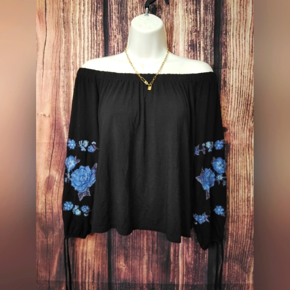 American Eagle Outfitters Tops - American Eagle Outfitters Black Off-Shoulder Top with Blue Floral Embroidery!
